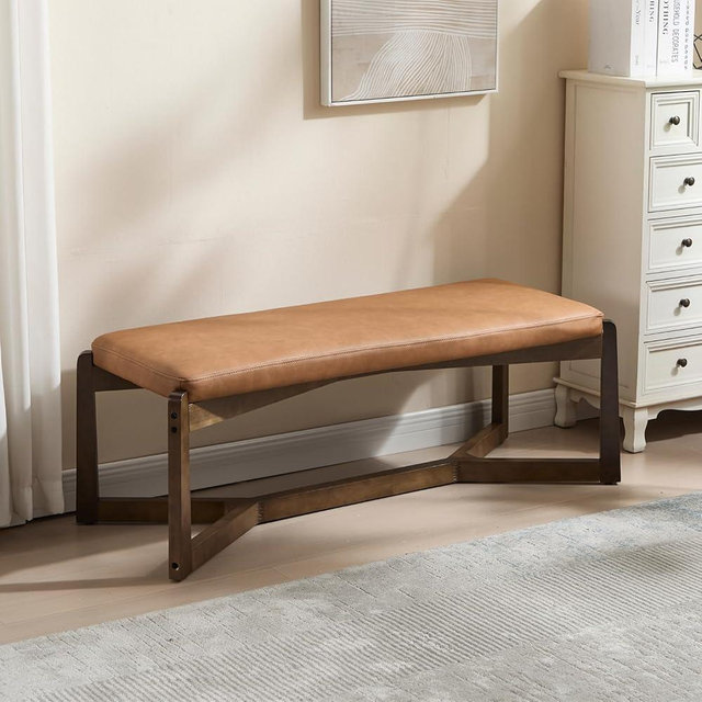 HEAH-YO 49” Mid Century Modern Entryway Bench,Pu Leather Bedroom Dining Bench for End of Bed with X Shape Solid Wood Base,Comfy Ottoman for Living Dining Room Hallway,Brown
