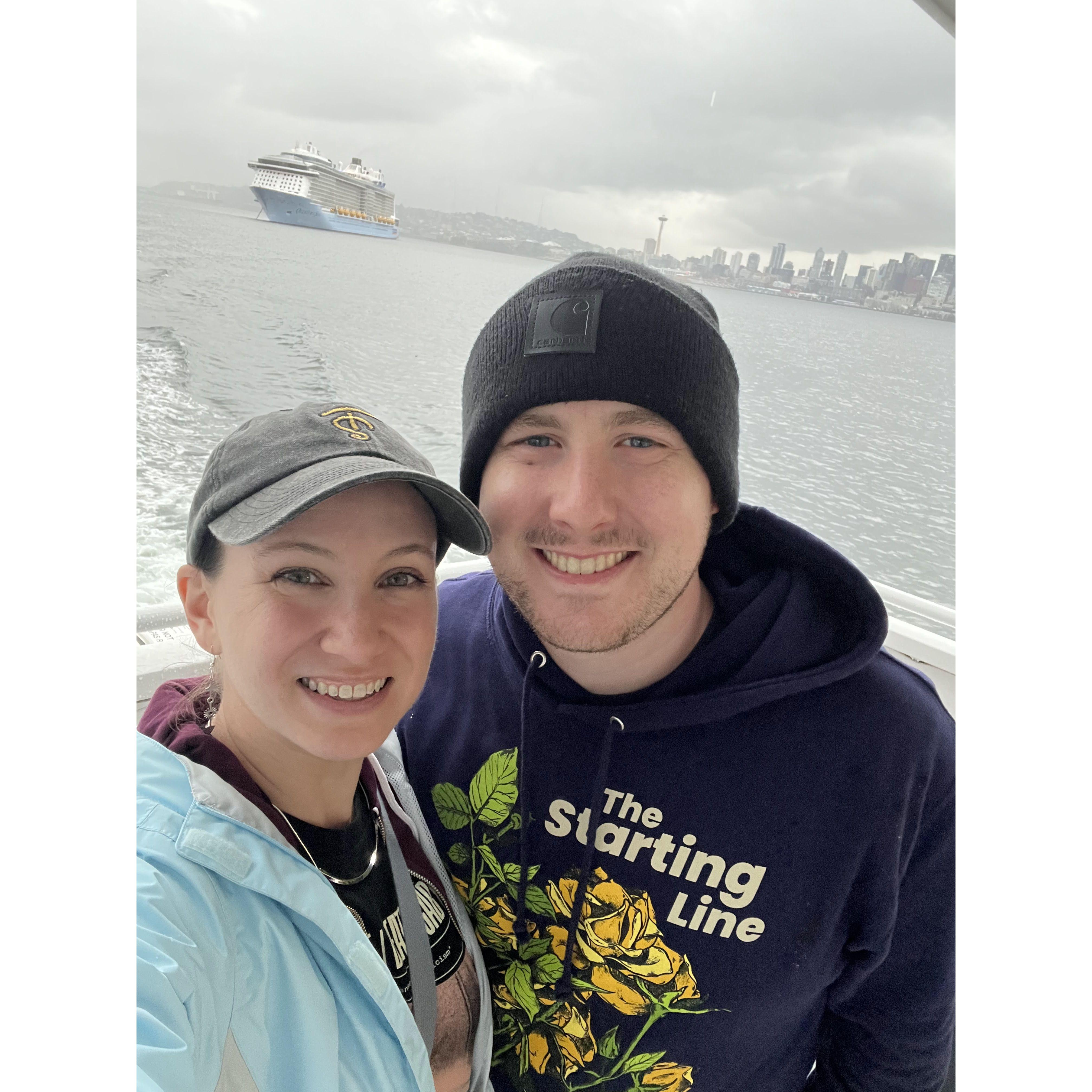 On the ferry with the misty Seattle skyline behind us (2023)