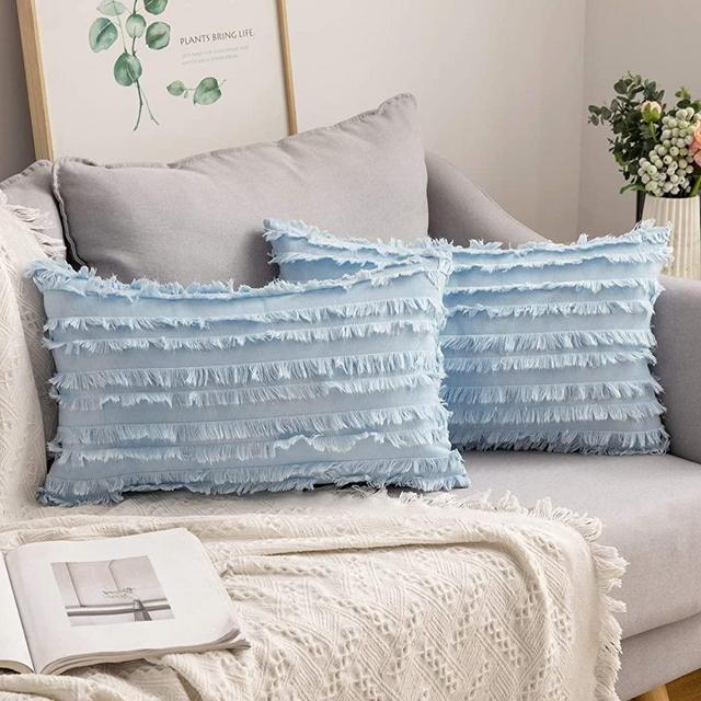 MIULEE Set of 2 Decorative Boho Throw Pillow Covers Linen Striped Jacquard Pattern Cushion Covers for Sofa Couch Living Room Bedroom 12x20 Inch Light Blue