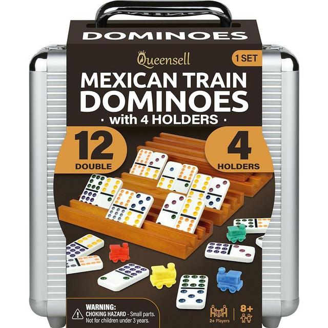 Queensell Mexican Train Dominoes Set with 4 Holders - Wooden Hub and Tiles Holders - Double 12 with Dots (D12 + 4 Holders)