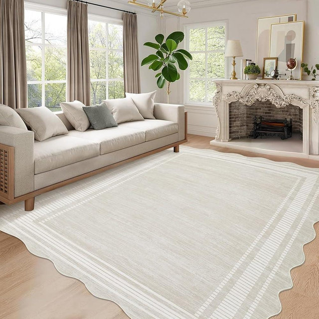 GarveeHome Scalloped 9x12 Area Rugs for Living Room Modern Neutral Washable Rugs for Bedroom Large Solid Farmhouse Carpet Abstract Bordered Carpet for Bedroom Apartment Table Dorm Nursery, Cream 9x12