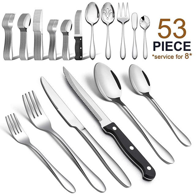 53-Piece Silverware Set with Steak Knives Serving Utensils, E-far Stainless Steel Flatware Cutlery Set for 8, Modern Tableware Eating Utensils for Restaurant Kitchen, Mirror Polished, Dishwasher Safe