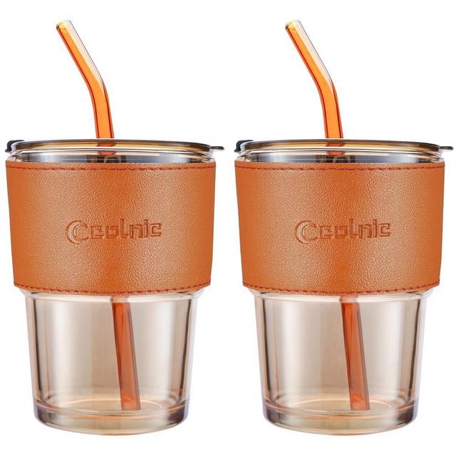 Colnic Iced Coffee Cup, 15Oz/450ml Glass Cups With Lids And Straws, Iced Coffee Glasses Tumbler, Thick Wall Glass Mug For Tea Water With 2 Glass Straw And Leather Sleeve, Xmas Gifts (Amber 2PCS)
