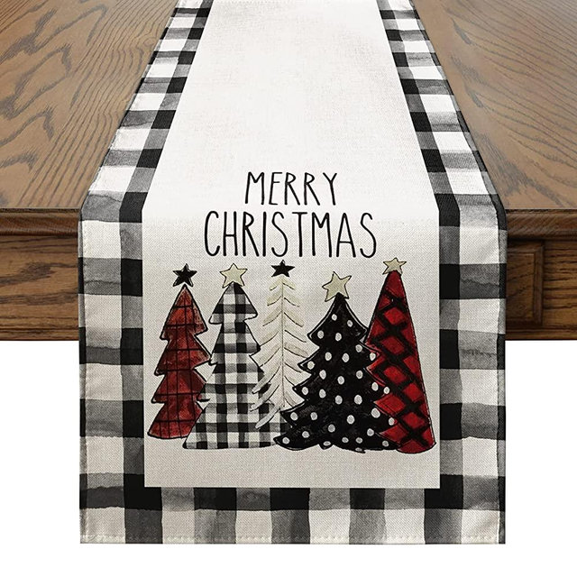 Artoid Mode Waterclor Buffalo Plaid Christmas Trees Merry Xmas Table Runner, Seasonal Winter Holiday Kitchen Dining Table Decoration for Indoor Outdoor Home Party Decor 13 x 90 Inch