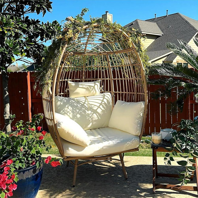YITAHOME 360° Swivel Egg Chair Outdoor, 370lbs Capacity Wicker Patio Rotating Basket Chair, All-Weather Oversized Egg Lounger Chair for Indoor Outside (Beige)