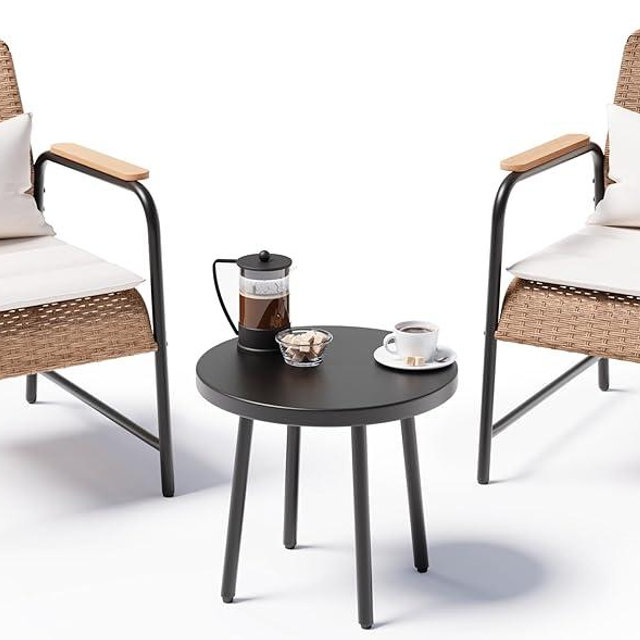 Jing's Villa 3-Piece Outdoor Bistro Set with Side Table, Ergonomic Armchairs with Lumbar Support & Breathable Mesh Seat, All-Weather Wicker Outdoor Furniture for Backyard, Porch, Balcony,Beige