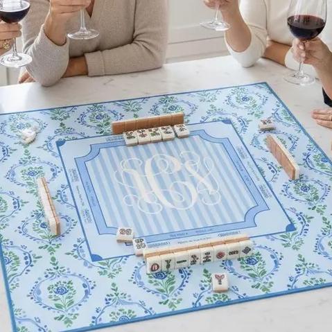 Mahjong Mat- Custom - Baby Blue Floral Monogram