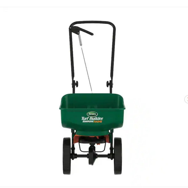 Scotts Turf Builder EdgeGuard Mini Push Broadcast Spreader Holds up to 5,000 sq. ft. for Seed, Fertilizer, Salt, Ice Melt 76121-3