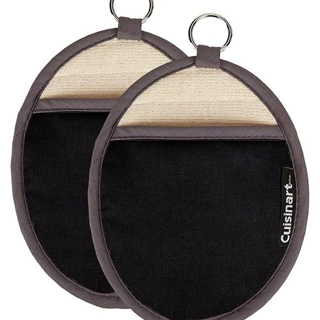 Cuisinart Silicone Oval Pot Holders and Oven Mitts - Heat Resistant, Handle Hot Oven / Cooking Items Safely - Soft Insulated Pockets, Non-Slip Grip and Convenient Hanging Loop- Black, Pack of 2 Mitts