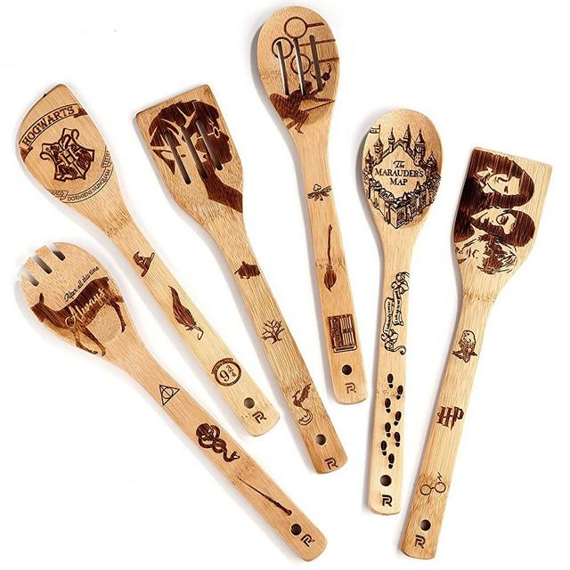 Riveira Organic Wooden Spoons for Cooking Utensils Set 6-Piece Magic Wizard Harr Potter Kitchen Utensils Gift Spatulas for Nonstick Cookware Gifts for Cooking Lovers