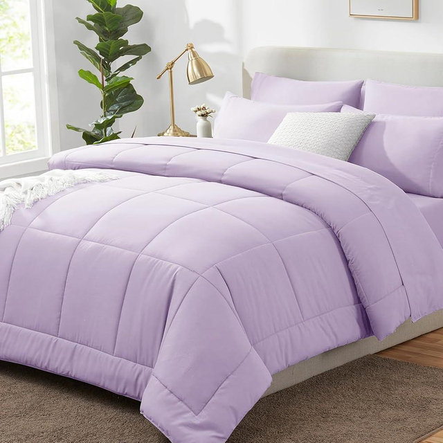 CozyLux King Size Comforter Set Lavender, 7 Pieces Bed in a Bag, Light Purple Comforter King Size, All Season Bedding Sets with Stitch Quilted Comforter, Flat Sheet, Fitted Sheet, Pillowcases