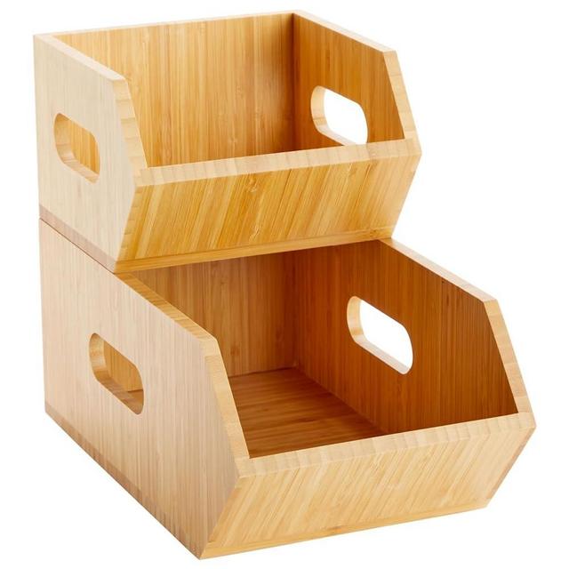 Farmlyn Creek 2 Pack Stackable Bamboo Wood Storage Bins, Organization Boxes for Kitchen Pantry (2 Sizes)