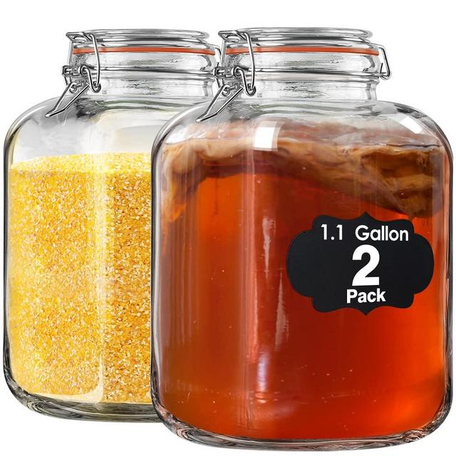 Qianfenie 2 Pcs 1.1 Gallon(4200 ML) Glass Jars with Airtight Lids, Mason Jars with Clip Top Lids for Kitchen Containers - Square Glass Jars with Labels & Chalkboard Pen and Replacement Silicone Gasket