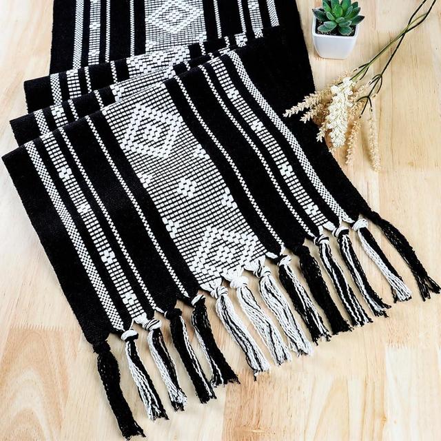 ASTNIC Boho Cotton Table Runner 14x90 Inch, Rustic Farmhouse Macrame Table Runner with Tassels, Black and White Woven Table Runner for Dining Room,Holiday Party, Bridal Shower and Wedding Decoration