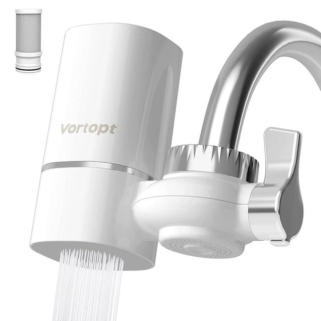 Vortopt Faucet Water Filter for Sink, Rapid Flow - 400 Gallons Faucet Mount Water Filtration System for Tap Water, NSF Certified Reduces Chlorine & Bad Taste with 1 Replacement, T1
