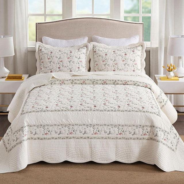 MarCielo 3-Piece 100% Cotton Oversized Bedspread Lightweight Quilt Coverlet Embroidery Farmhouse Bedding Set (TC Soft White,Oversized Queen (100"x106"))