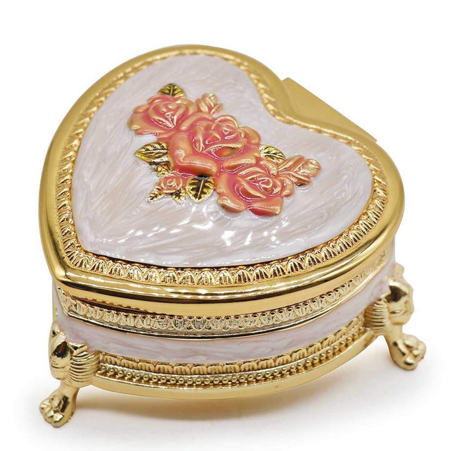 HOLLY TRIP Classic Vintage Heart Shape Metal Jewelry Box Ring Trinket Storage Organizer Chest Christmas Gift, Gold & Pink