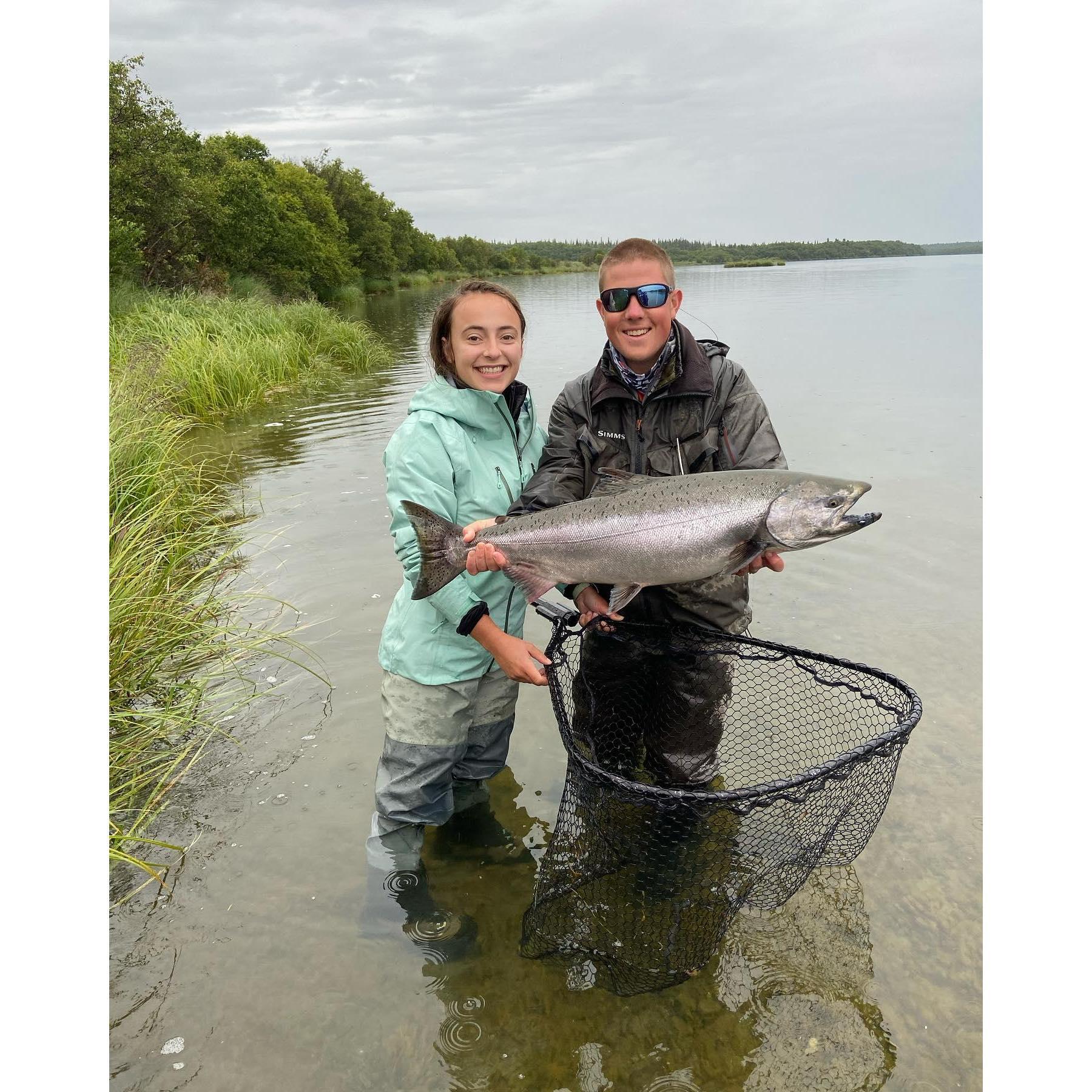 In Alaksa, on the river that Carson guided, Kaylee caught her first king Salmon weighing in at 22lbs.