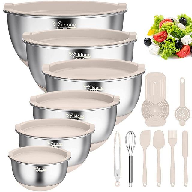 Mixing Bowls with Airtight Lids, 19 PCS Stainless Steel Metal Bowls by Wildone, with Non-Slip Silicone Bottoms & Measurement Marks, Size 5, 4, 3, 2,1.5, 0.63QT, Great for Mixing & Serving (Khaki)