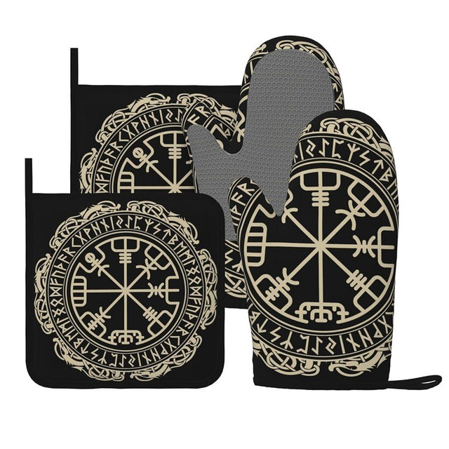 Viking Magical Runic Compass Oven Mitts and Pot Holders Set of 4 Silicone Heat Resistant Oven Mitten Potholders Non Slip Gloves Kitchen Decor for BBQ Cooking Grilling Baking