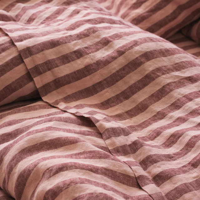 QUEEN - Rhubarb & Rose Pembroke Stripe Linen Blend Flat Sheet