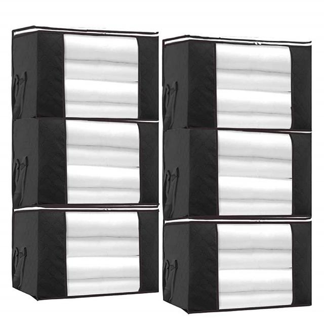 Large Storage Bags, 6 Pack Clothes Storage Bins Foldable Closet Organizers Storage Containers with Durable Handles Thick Fabric for Blanket Comforter Clothing Bedding 90L (Black)