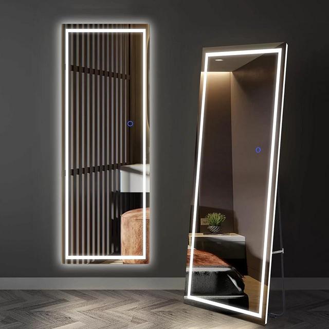NeuType Full Length Mirror with Lights, 63"x16" Lighted Full Body Mirror with Stand Floor Mirror with Touch Button and Plug, Dimmable 3 Lighting and Stepless Dimming for Bedroom Living Room, White