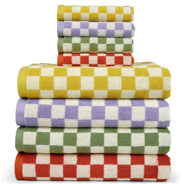 Jacquotha Checkered Bathroom Towels Set of 8, 4 Bath Towels (55x27.5 Inches) and 4 Hand Towels (13x29 Inches), 100% Cotton Towels for Bathroom Guest Room Gift
