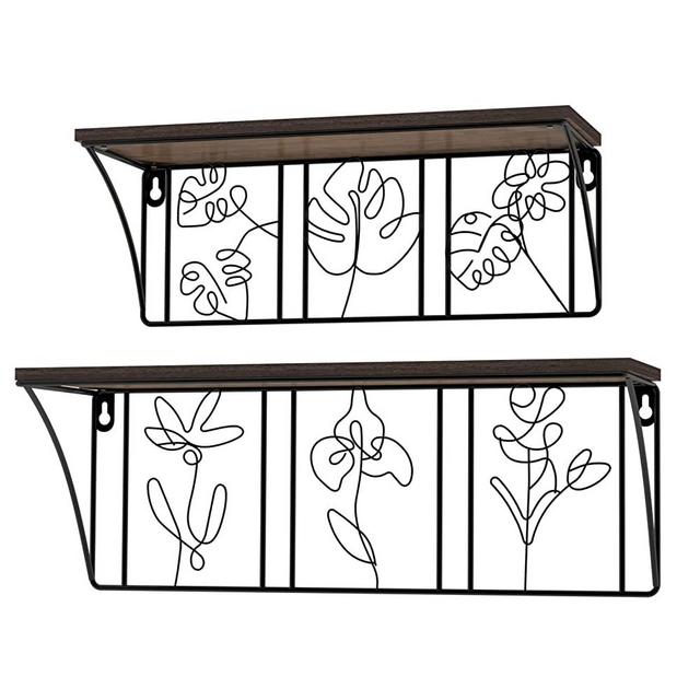 QUTREY Plant Wall Art Floating Shelves Set of 2, Minimalist Metal Abstract Decor Rustic Wooden Shelf for Living Room, Bedroom, Bathroom