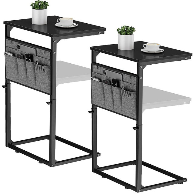 Vagusicc C Shaped End Table, Set of 2 Tall Side Table for Couch, Adjustable Height Small Couch Side Table for Small Spaces, End Table Slide Under Sofa Table TV Tray Arm Table for Living Room, Black
