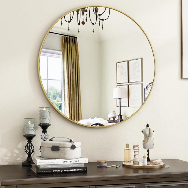 VooBang Gold 20 inches Modern Round Wall Mirror with Simple Metal Frame, Bathroom Mirror for Hallway, Living Room (Gold Frame)