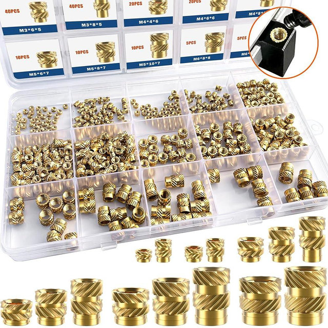 Ktehloy 400Pcs Threaded Inserts, M2 M2.5 M3 M4 M5 M6 Female Thread Metric Knurled Nuts Assortment Kit, Brass Heat Set Insert for Plastic and 3D Printing Components