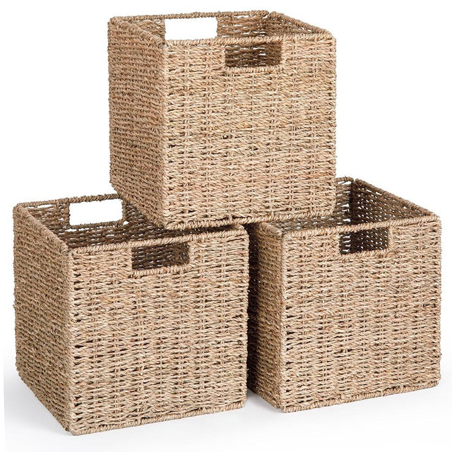 10.5 x 10.5in Cube Seagrass Storage Baskets, Foldable Square Wicker Storage Baskets for Shelves Set of 3, Large Cubby Rattan Basket, Collapsible Cube Storage Bins