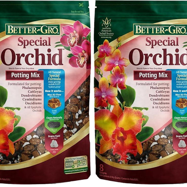 Better-Gro Special Orchid Mix - Premium Grade Orchid Bark Potting Mix for Potting,Repotting,Enhanced Drainage,Air Flow & Root Ventilation,for Phalaenopsis,Cattleyas,Dendrobiums,8 Quarts,(Pack of 2)