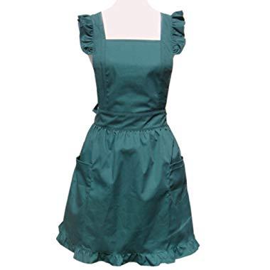 Hyzrz Cute Lovely Cotton Retro Kitchen Cooking Aprons for Women Girls Vintage Baking Sexy Victorian Apron with Pockets for Gift (Green)
