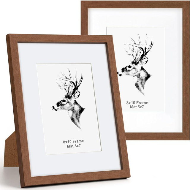 Yaetm 8x10 Picture Frame with Mat for 5x7 Set of 2, Walnut Brown, Solid Wood Photo Frames 8 x 10 with Tempered Glass, Display on Tabletop or Wall Mounting (2 pack, Walnut)
