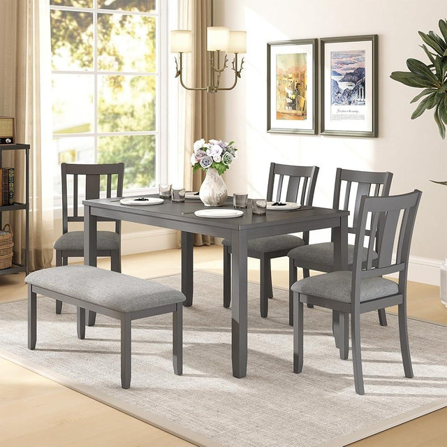 Zevemomo 6-Piece Wooden Dining Table Set, Dining Table Set for 6, Including 1 Dining Table, 4 Upholstered Chairs and 1 Bench, Wooden Legs Dining Table, Table Set for Dining Room & Kitchen, Grey