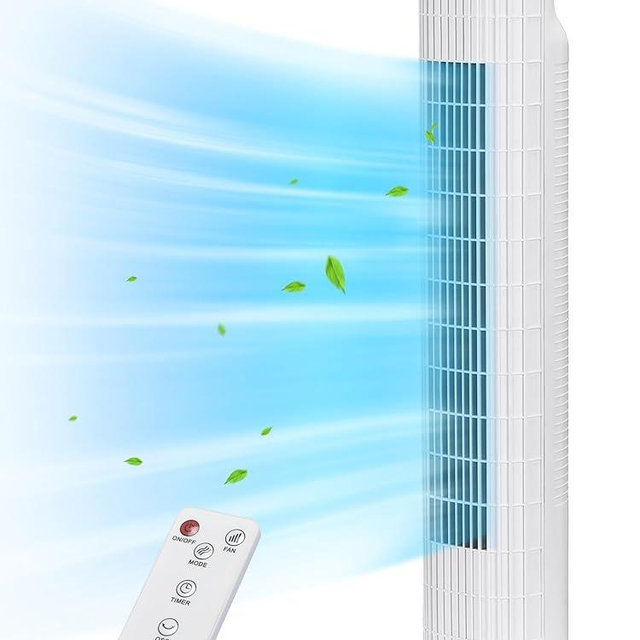 Uthfy Tower Fan for Bedroom, 120° Oscillating Standing Fan with Quiet Sleep Mode, 3 Speeds & 3 Modes, 7.5H Timer, Remote/Touch Control, Bladeless Floor Fans for Living Room, Office, White