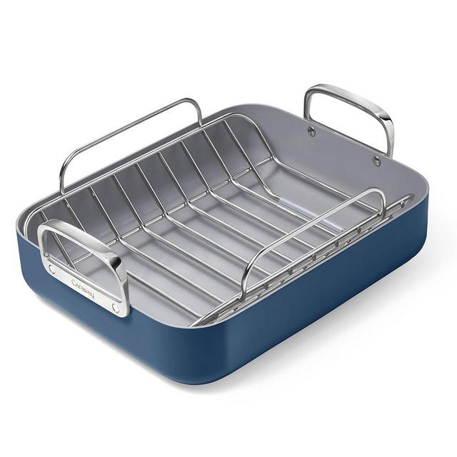 Caraway Roasting Pan - 16x13” Roasting Pan with Rack - Non-Stick Ceramic Coated - Non Toxic, PTFE & PFOA Free - Oven Safe & Compatible with All Stovetops - Navy