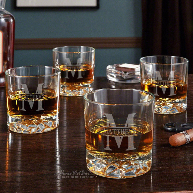 Personalized Whiskey Glasses - Glacier Bottom Custom Whiskey Glass Set, Engraved Bar Glasses, Engraved Bourbon Glasses,