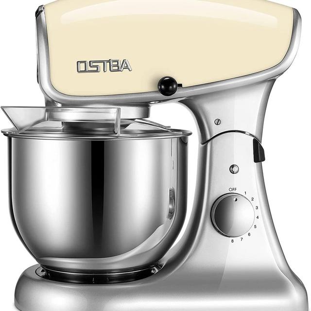 Die-Cast Stand Mixer, 8 Speeds 600W OSTBA Food Stand Mixer, 5.5Qt Tilt-Head Kitchen Mixer, Dishwasher Safe Stainless Steel Mixing Bowl, Dough Hook, Egg Whisk, Mixer Beater, Splash Guard, Almond Cream