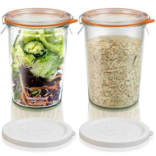 Freshmage Canning Jars 27 oz 4 Pack, Sourdough Starter Jars with 2 Lids Per Jar (Glass Sealing Lid & Plastic Lid), 800ML Wide Mouth Airtight Glass Storage Containers for Pickles, Yogurt, Pasta, Cereal