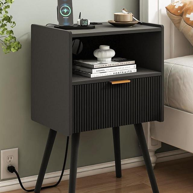 JOONEE Black Nightstand with Outlet,Modern Bedside Table with Storage Drawer and Open Wood Shelf, for Living Room, Bedroom and Small Spaces, Accent Night Stand with Solid Wood Legs, Easy Assembly