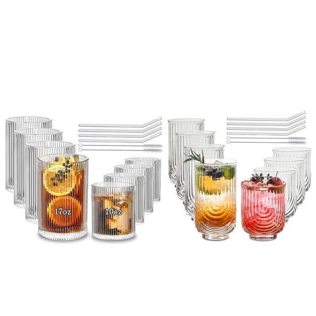 Set of 16 Vintage Glassware – 4 Ribbed Large Glasses (17 oz), 4 Ribbed Rocks Glasses (10 oz), 4 Arch Design Highball Glasses (14 oz), and 4 Arch Design Rocks Glasses (12 oz) with Glass Straws – Perfec