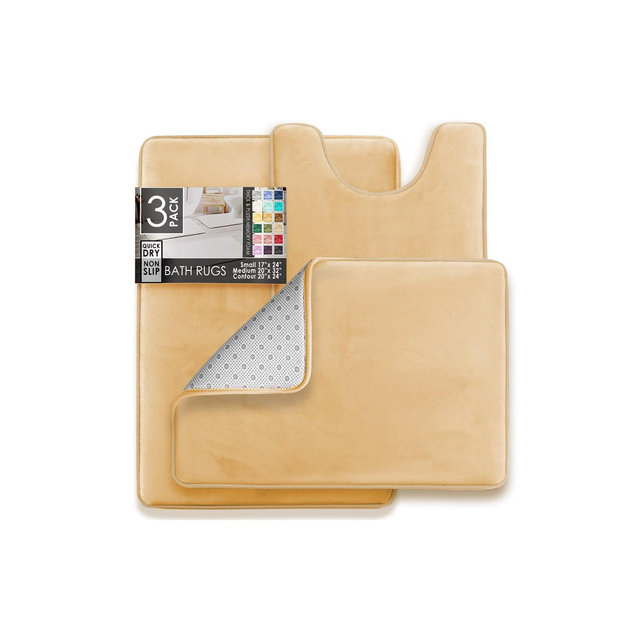 Hearth & Harbor 3 Piece Bathroom Rugs Bath Mat Set, Non-Slip Velvet Memory Foam Bath Mats, Beige Cream