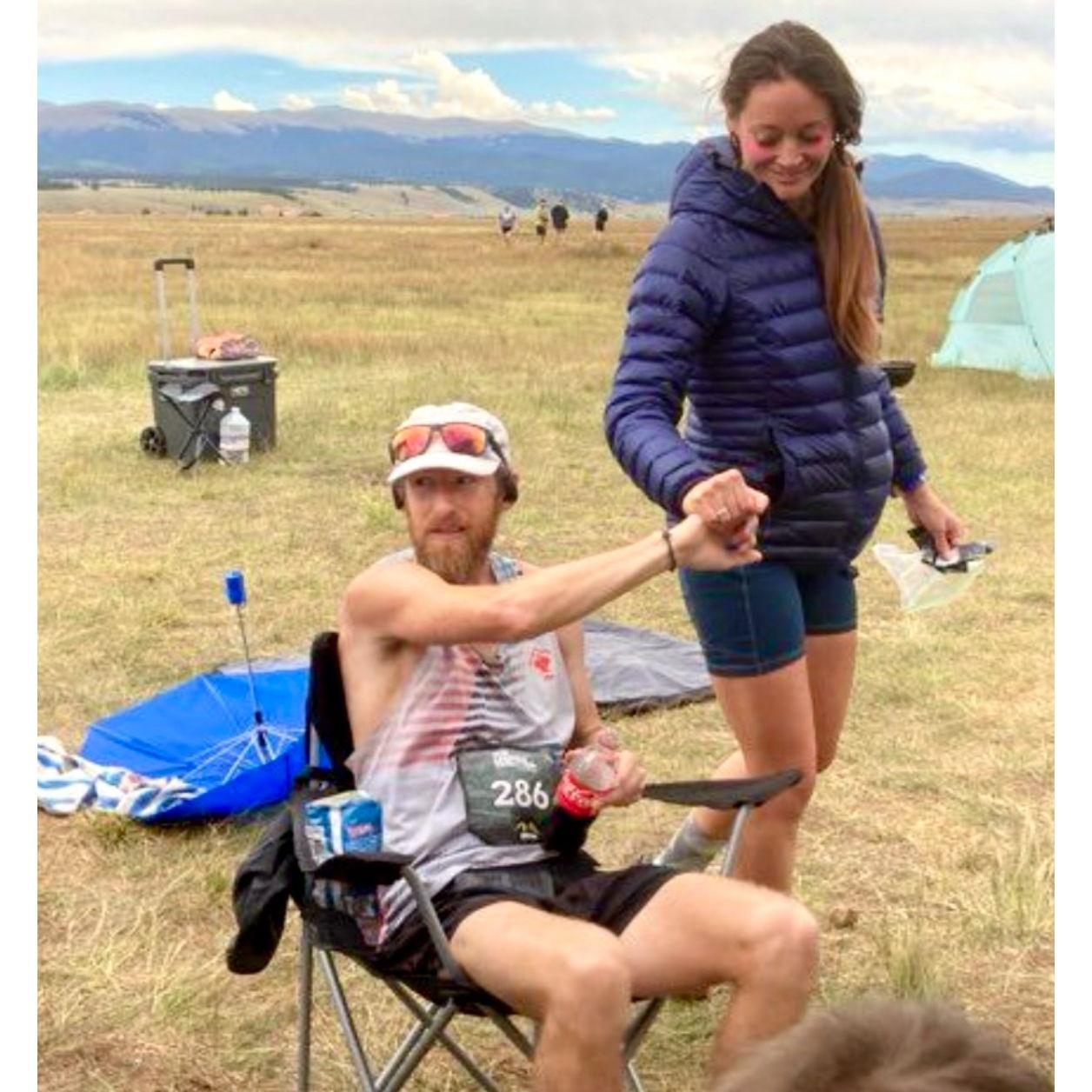 Brian at mile 80 of the Leadville 100, Gwen crewing & later pacing - August, 2024.
