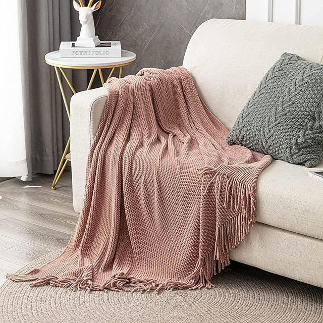 LIFEIN Knitted Pink Throw Blanket for Couch - Soft Spring Farmhouse Chenille Boho Throws, Cozy Knit Small Lightweight Blankets & Throws with Tassels for Home Decor,Bed,Chair,Sofa (Blush Pink ,50*60'')