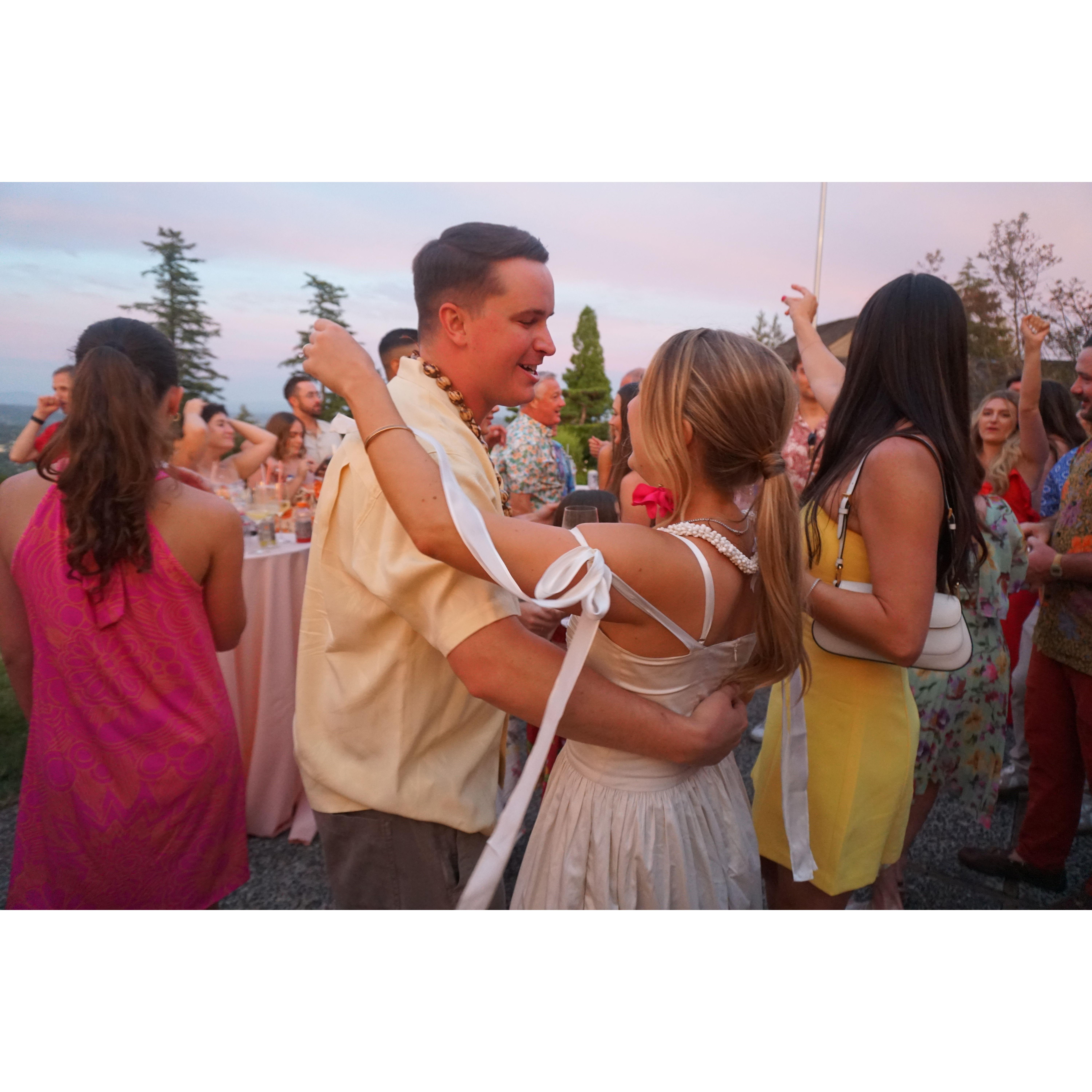 Dancing the night away at our engagement party in Oregon 🤍