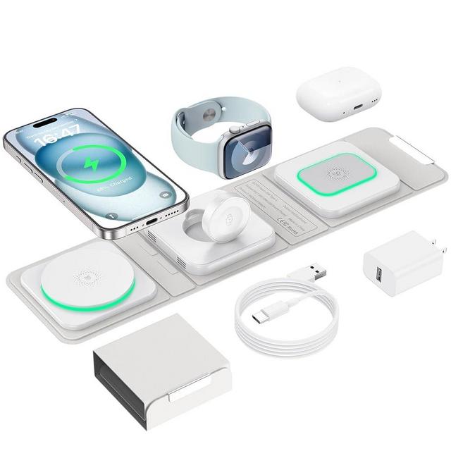 Houego Wireless Charger for iPhone - 3 in 1 Charging Station for Apple Multiple Devices, Foldable Magnetic Mag-Safe Travel Charging Pad for iPhone 15 14 13 12 Pro Max Plus iwatch Watch & Airpods