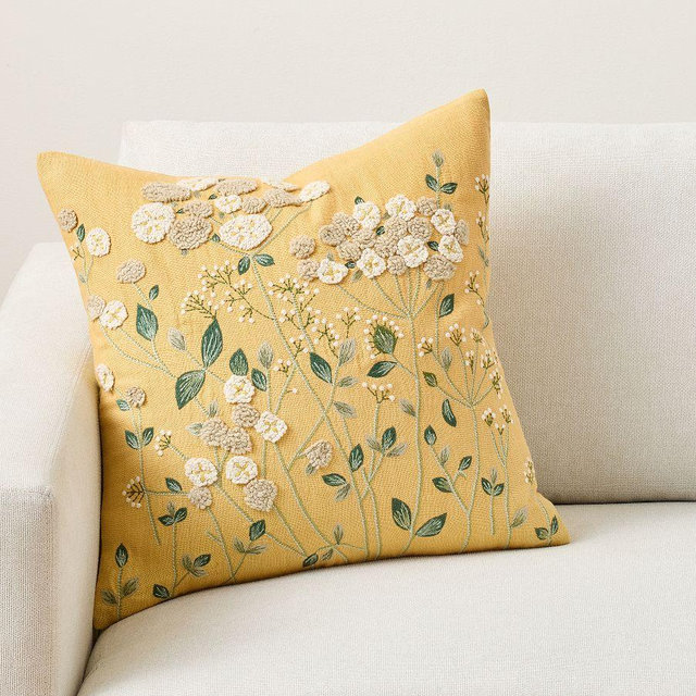 Bouquet Floral Embroidered Pillow Cover, 20" x 20", Gold Multi